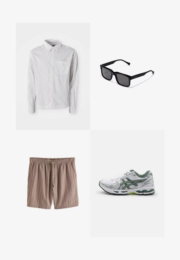 Valge pika varrukaga nööbiga särk mustade vertikaalsete triipudega ja vasakpoolse rinna taskuga, asetatud tasaselt valge tausta peale.; Pruunide triipudega lühikesed püksid, mis on valmistatud kergest kangast, omavad elastset vöökohta, nöörisulgemist ja küljetaskuid.; Valge jooksujalats hõbedaste aksessuaaridega, rohelise võrkmaterjaliga krae ja rohelised triibud. Omab tekstuurset võrku ja pehmendusega talla.; Mustad mustad prillisilmad tumedate läätsedega; läikiv plastraam otste tempidega ja peene logoga detail külgedel.; Hõbedane roostevabast terasest kell ümmarguse valge ketta, musta taksimeetriga raami, roheliste detailide ja metallist link-ribaga.