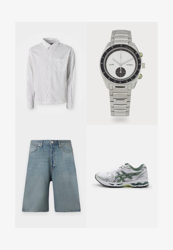 Balta garām piedurknēm pogājama krekla ar melnām vertikālām svītrām un kreisajā krūtī kabatu, izklāta uz baltas fona.; Gai zila džinsu šorti ar brīvu piegriezumu, piecām kabatām un tradicionālu pogu aizdari, ar izbalējušām detalizācijām, lai radītu nodiluša izskatu.; Baltas skriešanas apavs ar sudraba akcentiem, zaļu sieta apkakli un zaļām svītrām. Iezīmēts ar teksturētu sieta augšdaļu un mīkstu zoli.; Sudraba nerūsējošā tērauda pulkstenis ar apaļu baltu ciparnīcu, melnu tachymeter rāmīti, zaļiem akcentiem un metāla saiti.