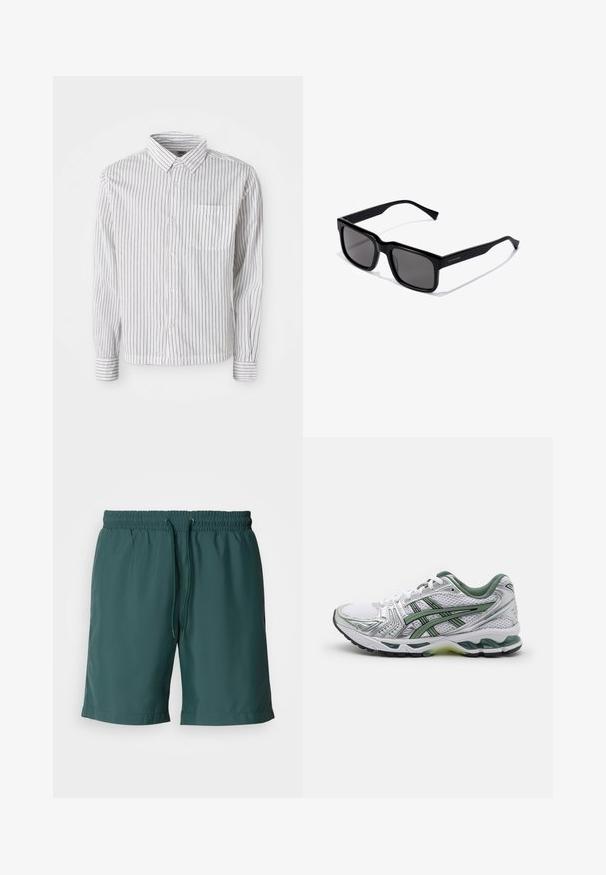 Bela srajca z dolgimi rokavi in črnimi vertikalnimi črtami, z gumbi spredaj in žepom na levem prsnem delu, položena na belo ozadje.; Zeleni, lahki kratki hlače z elastičnim pasom in vrvico, ki imajo gladko teksturo in stranske žepe za lažjo uporabo.; Bele teniške za tek v beli barvi z srebrnimi detajli, zelenim mrežastim ovratnikom in zelenimi črtami. Imajo teksturirano mrežasto zgornji del in oblazinjeno podplat.; Črne pravokotne sončne očala s temnimi lečami; lesketajoč plastičen okvir s ravnimi nosilci in subtilnim logotipom na strani.; Srebrna ura iz nerjavečega jekla z okroglo belo številčnico, črnim taksimetrskim obročem, zelenimi poudarki in paščkom iz kovinskih povezav.