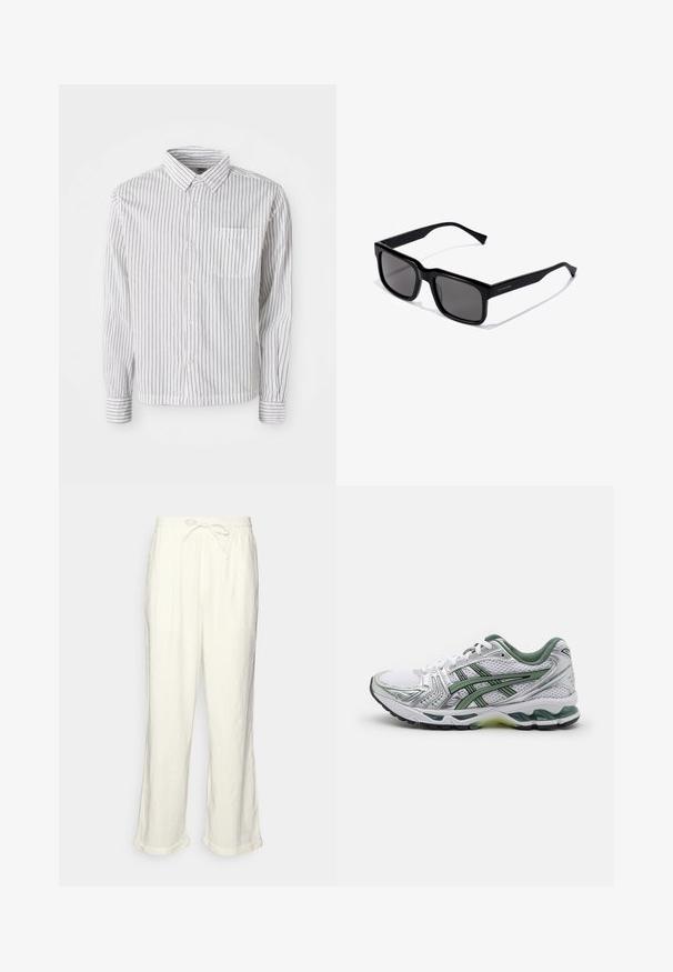 Balta ilgomis rankovėmis marškiniai su juodomis vertikaliomis juostelėmis ir kairėje krūtinės pusėje kišene, išdėstyti ant balto fono.; Neryškios baltos lino kelnės su raišteliu liemens srityje, šiek tiek plačiomis kojomis ir sukniustais mankštiniais kraštais, suteikiančiais laisvą prigludimą. Be kišenių.; Baltos bėgimo bateliai su sidabriniais akcentais, žaliu tinklinio apvadu ir žaliomis juostelėmis. Savybėmis pasižymi tekstūruotas tinklinis viršus ir paminkštintas padas.; Juodos stačiakampės saulės akinius su tamsiais lęšiais; blizgaus plastiko rėmas su tiesiomis šakėmis ir subtiliu logotipo detalizavimu šone.; Sidabrinis nerūdijančio plieno laikrodis su apvaliu baltu ciferblatu, juodu tachimetru, žaliais akcentais ir metaline grandinėle.