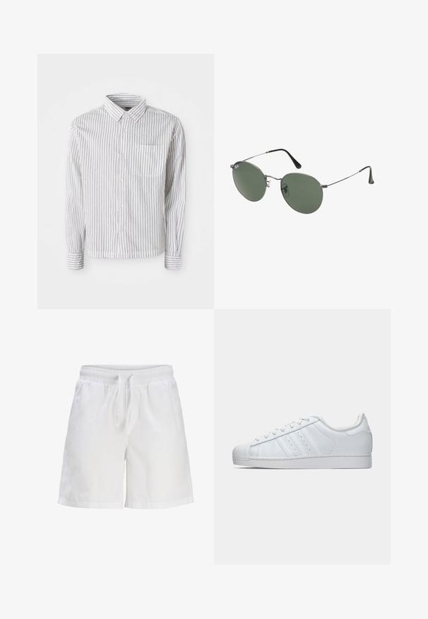 White long-sleeve button-up shirt with black vertical stripes and a left chest pocket, laid flat on a white background.; White cotton shorts with an elastic waistband and drawstring. Features a relaxed fit and side seam pockets.; White leather sneaker with a textured rubber toe cap, three side stripes, and a cushioned collar. Flat white laces and a minimal design.; Metal-framed sunglasses with oval green lenses. Thin silver metal frame and black ear tips. Minimalist design, no visible logos.; Silver stainless steel watch with a round white dial, black tachymeter bezel, green accents, and a metal link bracelet.