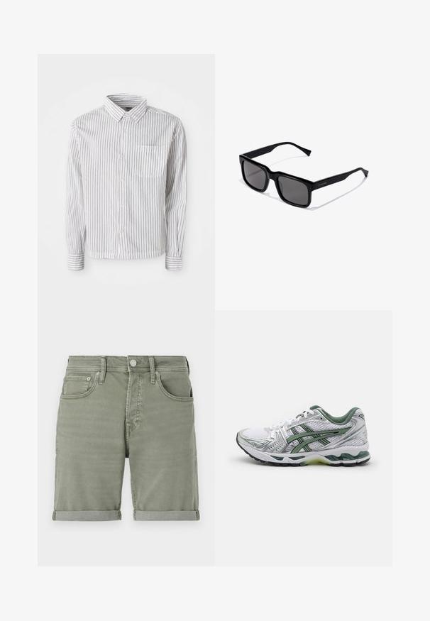 Hvid langærmet skjorte med knapper og sorte lodrette striber samt en lomme på venstre bryst, lagt fladt på en hvid baggrund.; Grønne denimshorts med oprevet kant, der har forlommer, knaplukning og en let falming for et afslappet look.; Hvid løbesko med sølvdetaljer, grøn meshkrave og grønne striber. Har et struktureret mesh-øvre og polstret sål.; Sorte rektangulære solbriller med mørke linser; glat plastikramme med lige stænger og subtile logo-detaljer på siden.