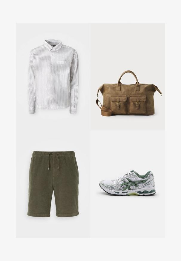 Camicia bianca a maniche lunghe con bottoni, caratterizzata da strisce verticali nere e una tasca sul petto a sinistra, posata su uno sfondo bianco.; Bermuda in corduroy verde oliva con vita elastica, cordoncino regolabile e risvolti. Tessuto testurizzato con una finitura morbida.; Scarpa da corsa bianca con accenti argentati, colletto in rete verde e strisce verdi. Presenta una tomaia in rete testurizzata e suola imbottita.; Borsa da viaggio in pelle marrone con due tasche frontali, tracolla regolabile, hardware dorato e manici superiori robusti. Texture liscia.