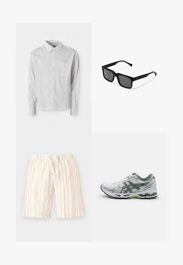 Weißes Langarm-Hemd mit Knopfleiste und schwarzen vertikalen Streifen sowie einer Brusttasche auf der linken Seite, flach auf einem weißen Hintergrund ausgelegt.; Helle beige Shorts mit vertikalen Streifen in unterschiedlichen Schattierungen. Sie verfügen über einen elastischen Bund und einen Kordelzug zur Anpassung. Weicher, strukturierter Stoff.; Weißer Sportschuh mit silbernen Akzenten, grünem Mesh-Kragen und grünen Streifen. Verfügt über ein strukturiertes Mesh-Obermaterial und eine gepolsterte Sohle.; Schwarze rechteckige Sonnenbrille mit dunklen Gläsern; glänzendes Kunststoffgestell mit geraden Bügeln und subtilen Logodetails an der Seite.; Silberner Edelstahl-Uhren mit einem runden weißen Zifferblatt, schwarzem Tachymeter-Lünette, grünen Akzenten und einem Metallband.