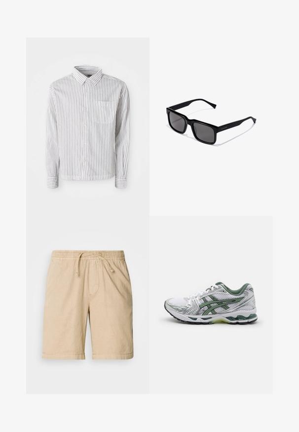 Camicia bianca a maniche lunghe con bottoni, caratterizzata da strisce verticali nere e una tasca sul petto a sinistra, posata su uno sfondo bianco.; Pantaloni corti in cotone beige con cintura elastica, cordino, tasche laterali e vestibilità comoda. Texture liscia e design lunghezza ginocchio.; Scarpa da corsa bianca con accenti argentati, colletto in rete verde e strisce verdi. Presenta una tomaia in rete testurizzata e suola imbottita.; Occhiali da sole neri rettangolari con lenti scure; montatura in plastica lucida con stanghette dritte e un sottile dettaglio del logo di lato.; Orologio in acciaio inox argentato con quadrante rotondo bianco, lunetta tachimetrica nera, dettagli verdi e bracciale in metallo a maglie.