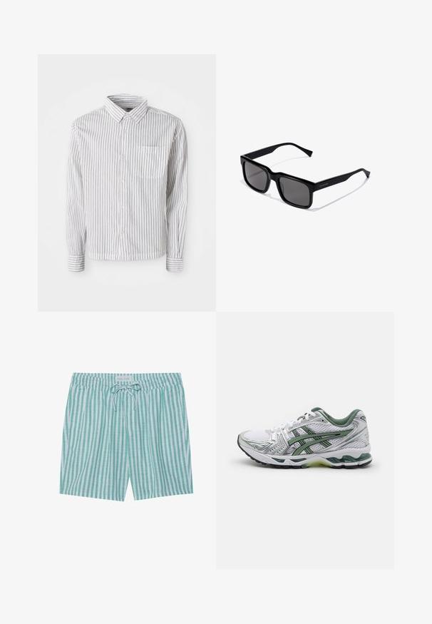 Balta garām piedurknēm pogājama krekla ar melnām vertikālām svītrām un kreisajā krūtī kabatu, izklāta uz baltas fona.; Svītrainie peldšorti gaiši zaļā un baltā krāsā. Iekļauj elastīgu jostu, saites aizdari un sānu kabatas. Izgatavoti no viegla auduma.; Baltas skriešanas apavs ar sudraba akcentiem, zaļu sieta apkakli un zaļām svītrām. Iezīmēts ar teksturētu sieta augšdaļu un mīkstu zoli.; Melni taisnstūra saulesbrilles ar tumšiem stikliem; spīdīgs plastikāta rāmis ar taisnām kājām un smalku logotipa detaļu sānos.; Sudraba nerūsējošā tērauda pulkstenis ar apaļu baltu ciparnīcu, melnu tachymeter rāmīti, zaļiem akcentiem un metāla saiti.