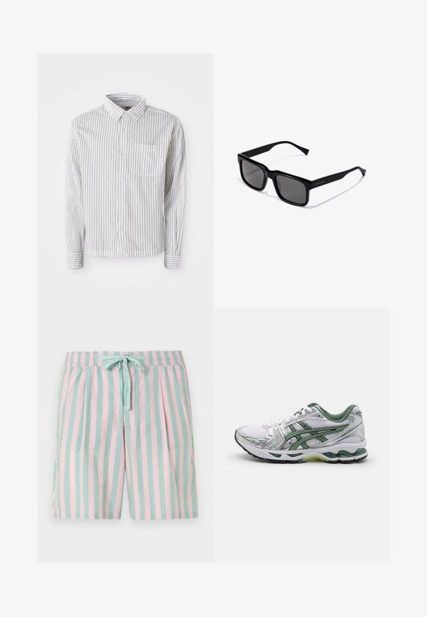 Valkoinen pitkähihaine nappikauluspaita, jossa on mustia pystysuoria viivoja ja vasemmalla puolella rintatasku, aseteltuna tasaiseksi valkoiselle taustalle.; Kevyet raidalliset shortsit, joissa on vuorotellen teal- ja vaaleanpunaisia pystyraitoja, joustava vyötärö ja edessä solmittava yksityiskohta.; Valkoinen juoksukenkä hopeisilla yksityiskohdilla, vihreällä verkkokollarella ja vihreillä raidoilla. Varustettu teksturoidulla verkko-yläosalla ja pehmustetulla pohjalla.; Mustat suorakulmaiset aurinkolasit tummilla linsseillä; kiiltävä muovinen runko suoraselkäisillä varsilla ja hienovarainen logotieto sivussa.