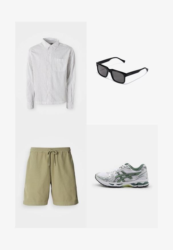 Bílá košile s dlouhým rukávem, zapínání na knoflíky, s černými vertikálními pruhy a kapsou na levé straně hrudi, položená na bílé ploše.; Olivově zelené kraťasy vyrobené z bavlny, s elastickým pasem a šňůrkou na stažení, obsahující boční kapsy a rovný střih. Hladký povrch.; Bílé běžecké boty se stříbrnými akcenty, zeleným síťovaným límcem a zelenými pruhy. Mají texturovaný síťovaný svršek a polstrovanou podrážku.; Černé obdélníkové sluneční brýle s tmavými skly; lesklý plastový rám se rovnými nožičkami a jemným logem na boku.; Stříbrné nerezové hodinky s kulatým bílým ciferníkem, černým tachymetrickým rámečkem, zelenými akcenty a kovovým náramkem.