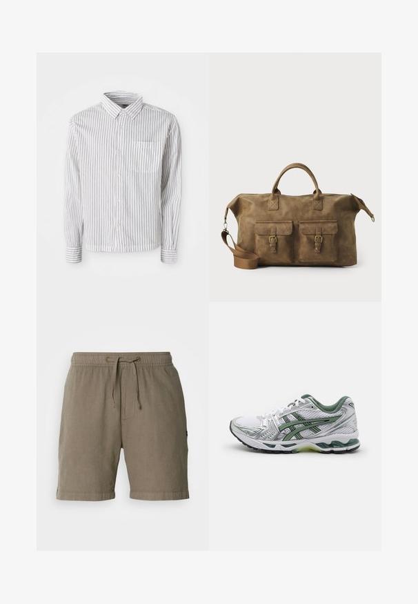 Camicia bianca a maniche lunghe con bottoni, caratterizzata da strisce verticali nere e una tasca sul petto a sinistra, posata su uno sfondo bianco.; Pantaloni corti in lino beige con vita elasticizzata e cordoncino. Presentano tasche laterali e orli risvoltati per un fit rilassato.; Scarpa da corsa bianca con accenti argentati, colletto in rete verde e strisce verdi. Presenta una tomaia in rete testurizzata e suola imbottita.; Borsa da viaggio in pelle marrone con due tasche frontali, tracolla regolabile, hardware dorato e manici superiori robusti. Texture liscia.