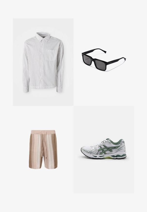 Weißes Langarm-Hemd mit Knopfleiste und schwarzen vertikalen Streifen sowie einer Brusttasche auf der linken Seite, flach auf einem weißen Hintergrund ausgelegt.; Beige gestrickte Schwimmshorts mit horizontalen Streifen in helleren Schattierungen, elastischem Bund mit Kordelzug und strukturiertem Stoff.; Weißer Sportschuh mit silbernen Akzenten, grünem Mesh-Kragen und grünen Streifen. Verfügt über ein strukturiertes Mesh-Obermaterial und eine gepolsterte Sohle.; Schwarze rechteckige Sonnenbrille mit dunklen Gläsern; glänzendes Kunststoffgestell mit geraden Bügeln und subtilen Logodetails an der Seite.