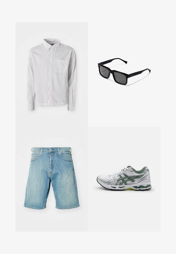 Balta garām piedurknēm pogājama krekla ar melnām vertikālām svītrām un kreisajā krūtī kabatu, izklāta uz baltas fona.; Gai zilgani džinsi šorti ar piecu kabatu dizainu, taisnu griezumu un nedaudz izsistu apakšmalu. Iekļauj poga aizdari un jostu cilpas.; Baltas skriešanas apavs ar sudraba akcentiem, zaļu sieta apkakli un zaļām svītrām. Iezīmēts ar teksturētu sieta augšdaļu un mīkstu zoli.; Melni taisnstūra saulesbrilles ar tumšiem stikliem; spīdīgs plastikāta rāmis ar taisnām kājām un smalku logotipa detaļu sānos.
