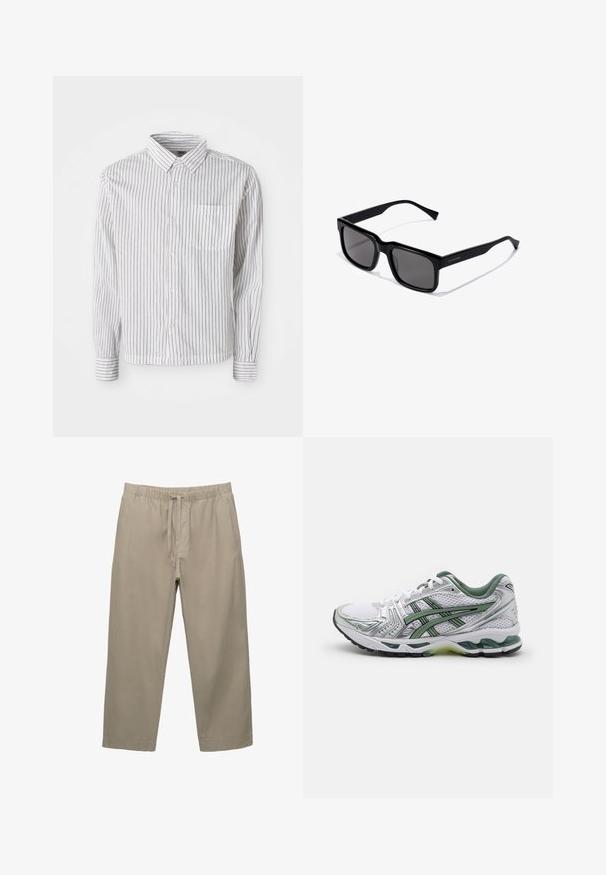 Camicia bianca a maniche lunghe con bottoni, caratterizzata da strisce verticali nere e una tasca sul petto a sinistra, posata su uno sfondo bianco.; Pantaloni in cotone beige con vita elastica e cordoncino regolabile. Design a gamba dritta con tasche laterali e una texture liscia.; Scarpa da corsa bianca con accenti argentati, colletto in rete verde e strisce verdi. Presenta una tomaia in rete testurizzata e suola imbottita.; Occhiali da sole neri rettangolari con lenti scure; montatura in plastica lucida con stanghette dritte e un sottile dettaglio del logo di lato.