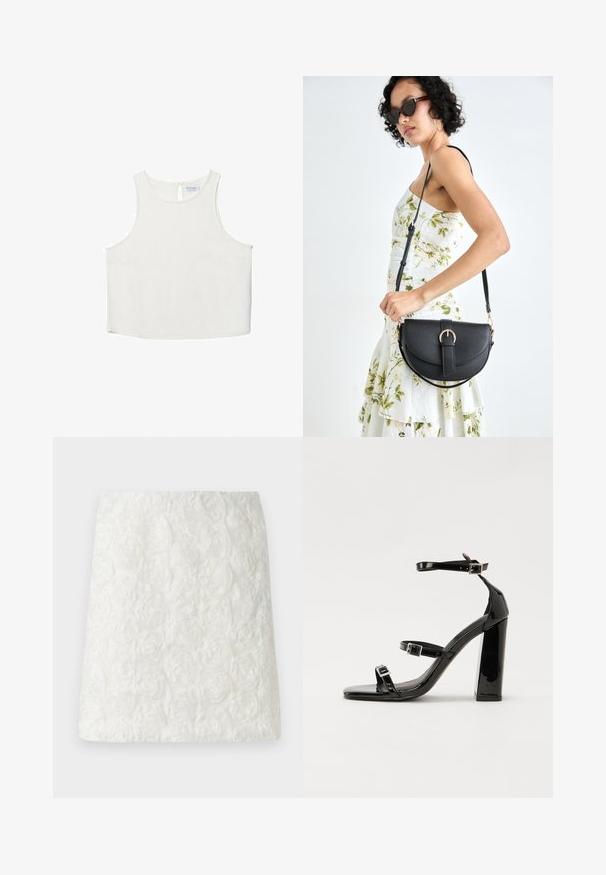 Bela brezrokavna majica z okroglim dekoltejem, ki se ponaša z diskretno teksturo, detajlom ključavnice na hrbtu in ravnim robom.; Bela mini krila z teksturirano površino z dvignjenimi cvetličnimi vzorci, ki spominjajo na vrtnice, izdelana iz lahkega blaga.; Črne lakirane sandale s peto, kvadratnim prstom, trakovi okrog gležnja in srebrnimi zaponkami. Opremljene so s stabilno Debelo peto.; Črna usnjena torbica s ukrivljeno obliko, z odstranljivo naramnico in zlatimi dodatki. Torbica ima pokrov s podrobnostmi v obliki zaponke.