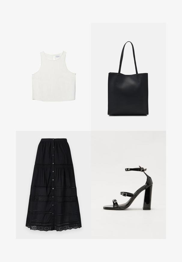 Bijela bezrukavna majica s okruglim izrezom, koja ima suptilnu teksturu, detalj u obliku ključa na leđima i ravni rub.; Crna suknja na dugme s višeslojnim dizajnom, koja sadrži čipkast rub i teksturiranu tkaninu. Uključuje srebrne dugmadi duž prednje strane.; Crne lakirane sandale na pete sa kvadratnim nosom, trakama oko gležnja i srebrnim kopčama. Imaju čvrst blok petu za stabilnost.; Crna kožna torba za nošenje s glatkom teksturom, pravokutnim oblikom i dvije duge ručke. Nema vidljivih metalnih dijelova ili ukrasa.