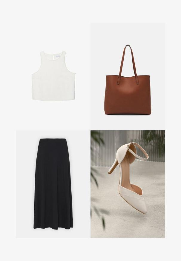 Weißes ärmelloses Oberteil mit rundem Halsausschnitt, das über eine subtile Textur, ein Schlüsselaugen-Rückendetail und einen geraden Saum verfügt.; Maxi-Rock in schlichten Schwarz. Ausgestellte Form mit glatter Textur und elastischem Bund. Keine sichtbaren Muster oder Akzente.; Weiße High Heels aus glattem Material mit spitzem Schuhschild und Knöchelriemen. Mit einem hellbraunen Innenleben und goldfarbener Hardware-Akzentuierung.; Braune Leder-Tote mit glatter Textur, offenem Oberteil und zwei Schulterriemen. Verfügt über minimale Nähte und keine sichtbaren Beschläge.