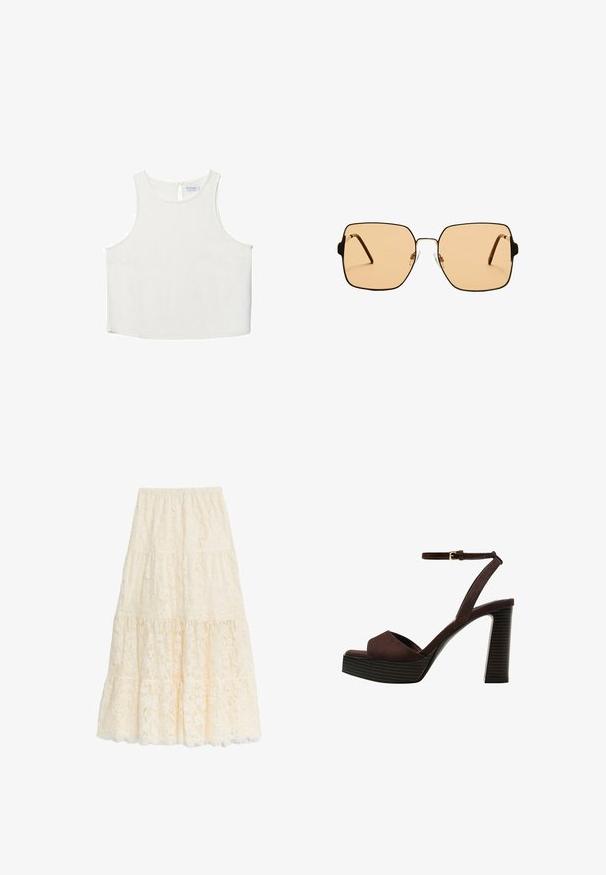 Hvid ærmeløs top med rund halsudskæring, der har en subtil tekstur, nøglehulsbagdetalje og lige kant.; Maxi nederdel i blød elfenben, med et lagdelt design, bølget kant, elastisk talje og blomster-lace mønster over det hele.; Brune ruskinds højhælede sandal med åben tå, justerbar ankelrem og en stribet plade sål.; Firkantede solbriller med brune linser og en tynd sort metalramme. Har skrå templer og justerbare næsepuder for komfort.; Hvid syntetisk håndtaske med en trekantet form, flad forsideklap og sløjfedetalje, justerbar strop, glat tekstur og minimalistisk design.