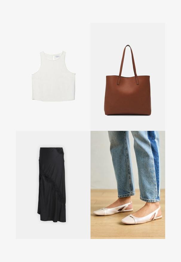 Bela brezrokavna majica z okroglim dekoltejem, ki se ponaša z diskretno teksturo, detajlom ključavnice na hrbtu in ravnim robom.; Črna maksi krila iz gladkega materiala, s poševnim čipkastim obrobom in asimetričnim robom. Mehka tekstura z bočnim razporkom.; Svijetloružičaste slingback balerinke s šiljastim nožnim prstima, napravljene od glatkog materijala nalik koži. Imaju izrezane detalje sa strane i ravne pete.; Rjava usnjena torba z gladko teksturo, odprto zasnovo zgoraj in dvema naramnima trakovoma. Opremljena je z minimalnim šivanjem in brez vidnih kovinskih delov.