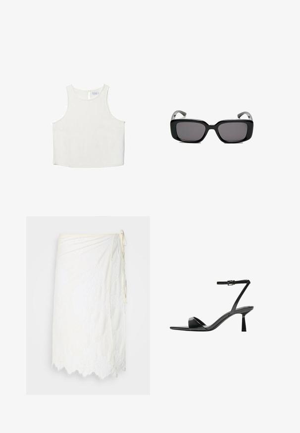 Vit ärmlös topp med rundad halsringning, featuring en subtil textur, detalj med nyckelhål i ryggen och rak nederkant.; Vit omlottkjol med blommönstrad spetsbroderi, vågig nederkant och sidoknytning, utställd mot en enkel bakgrund.; Bershka Sandaletter - black; Svarta rektangulära solglasögon med mörka linser, slimmad plastbåge och böjda tempel. Designen är kraftig med en minimalistisk estetik.