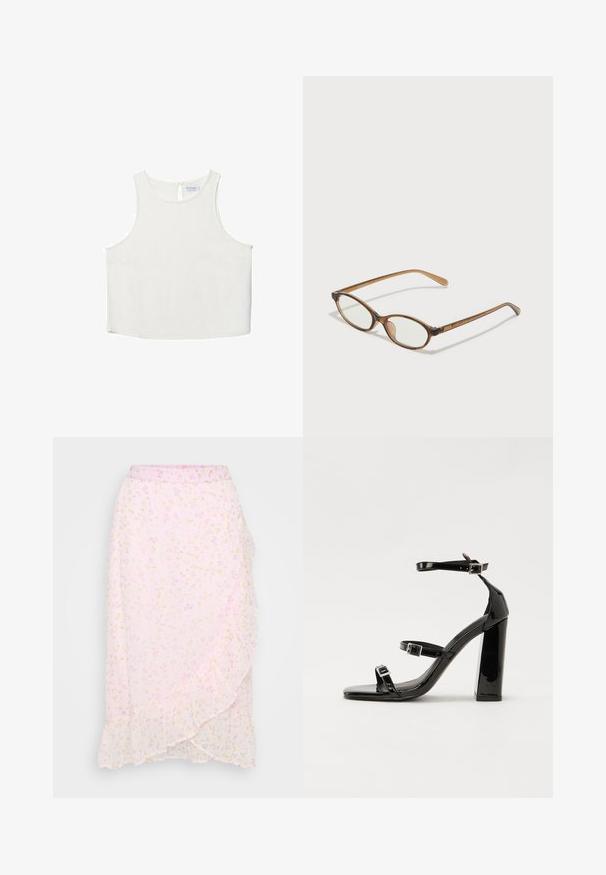 Valkoinen hihaton paita, jossa on pyöreä pääntie, hienovarainen tekstuuri, avaustakki ja suora helma.; Vero Moda Petite VMSMILLA WRAP SKIRT - Kietaisuhame - pink a boo/aura; Musta kiiltävä korkokenkä sandaalit neliönmuotoisella varpaalla, nilkkaremmillä ja hopeisilla soljilla. Varustettu tukevalla lohkokorkealla vakauden takaamiseksi.; Ruskeat kilpikonnaruutulasiset silmälasit, joissa ovaalit linssit, ohuet varret ja läpinäkyvät yksityiskohdat. Temppeleissä on huomaamaton logo. Suunnittelultaan suora ja kevyt.