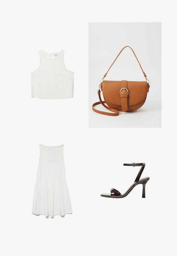 Bílý bezrukávový top s kulatým výstřihem, který má jemnou texturu, detaily v oblasti zad ve tvaru klíčové dírky a rovný lem.; Bílé šaty bez ramínek se smockovaným korzetem a rozšířenou, vrstevnatou sukní. Vyrobené z lehkého materiálu s měkkou texturou.; Hnědé lakované kožené sandály na vysokém podpatku s páskem kolem kotníku, otevřenou špičkou a elegantním, minimalistickým designem. Obsahují čtvercový podpatek.; Hnědá kožená křížová taška s zakřiveným tvarem, zlatými detaily a akcentem s přezkou. Obsahuje odnímatelný popruh na rameno.
