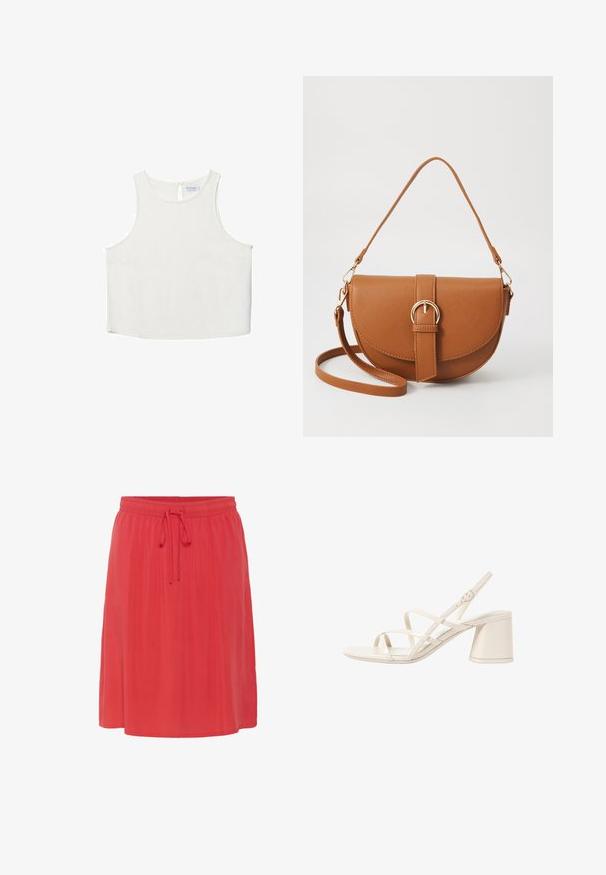 Hvid ærmeløs top med rund halsudskæring, der har en subtil tekstur, nøglehulsbagdetalje og lige kant.; Knælængde, koralfarvet nederdel med en blød, flydende tekstur. Har en elastisk talje med snor til justerbar pasform.; Beige hælede sandaler med slanke, krydsende stropper, åben tå og en kvadratisk blokhæle. Glat lakeret finish, justerbar ankelrem.; Brun læder crossbody taske med en buet form, guldfarvet hardware og en spændeaccent. Har en aftagelig skulderrem.