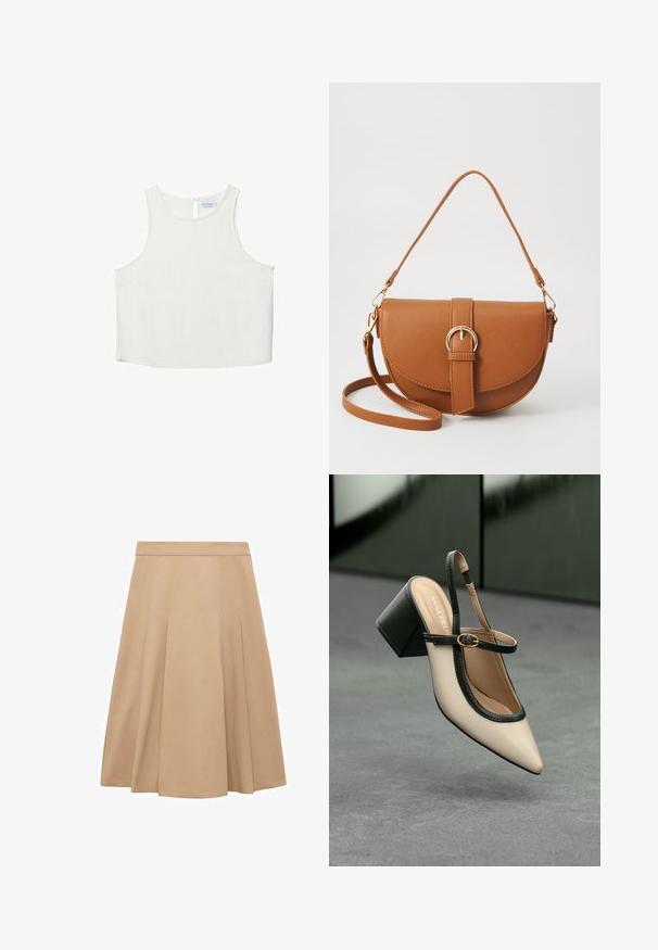 Hvid ærmeløs top med rund halsudskæring, der har en subtil tekstur, nøglehulsbagdetalje og lige kant.; En beige A-line nederdel med en glat tekstur, der har plisseringer, som tilføjer fylde, og en talje for justering. Lige kant i bunden.; Beige spids tå slingback sko med sort kant, guld spænde og en chunky blokhæl på grå gulv med mørkegrøn baggrund.; Brun læder crossbody taske med en buet form, guldfarvet hardware og en spændeaccent. Har en aftagelig skulderrem.