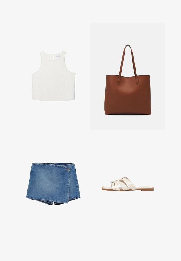 Bijela bezrukavna majica s okruglim izrezom, koja ima suptilnu teksturu, detalj u obliku ključa na leđima i ravni rub.; Traperšortse u srednje plavoj boji s jedinstvenim preklapajućim dizajnom. Imaju zatvaranje na munju i mali logo detalj na pojasu.; Ravne sandale s smeškom od gume, dizajnirane s tri preklapajuće bele kožne trake i malim detaljem mašne u sredini.; Smeđa kožna torba preko ramena s glatkom teksturom, otvorenim vrhom i dvjema naramenicama. Ima minimalne šavove i nema vidljivog hardvera.