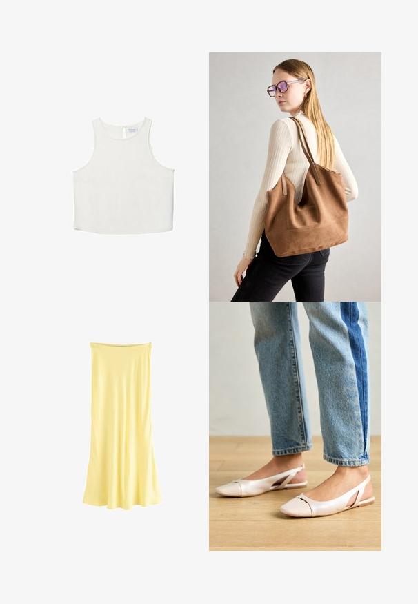 Top bianco senza maniche con scollo rotondo, caratterizzato da una sottile trama, dettaglio a rombo sul retro e orlo dritto.; Abito maxi in satin giallo con silhouette fluida. Caratterizzato da un scollo arricciato e una texture liscia, progettato per un indossare rilassato.; Ballerine slingback rosa pallido con punta affusolata, realizzate in un materiale simile alla pelle liscio. Presentano dettagli a taglio sui lati e un tacco piatto.; Borsa a tracolla in suede marrone con texture morbida, ampia apertura e lunghe cinghie. Caratterizzata da un design semplice con cuciture visibili e senza accessori.