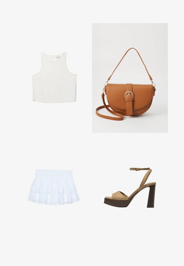 Hvid ærmeløs top med rund halsudskæring, der har en subtil tekstur, nøglehulsbagdetalje og lige kant.; Hvid lagdelt nederdel lavet af broderet bomuld med en smocket talje. Har lagdelte flæser og hulmønstre overalt.; Beige ruskinds højhælede sandaler med en bred foranrem og ankelrem, der har en kraftig træblokhæls struktur.; Brun læder crossbody taske med en buet form, guldfarvet hardware og en spændeaccent. Har en aftagelig skulderrem.