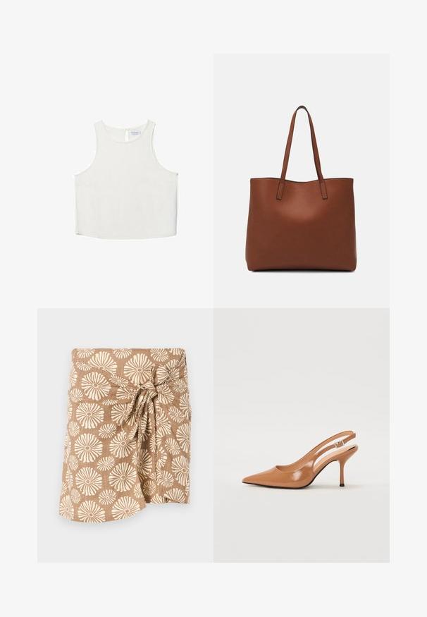 Valkoinen hihaton paita, jossa on pyöreä pääntie, hienovarainen tekstuuri, avaustakki ja suora helma.; Ruskea kuvioitu kietaisuhame, jossa on suuria kermaisia kukkakuoseja, solmittu vyötärölle solmulla, valmistettu kevyestä kankaasta.; Korkokenkä, jossa on terävä kärki ja avonainen kanna, valmistettu sileästä, kiiltävästä ruskeasta materiaalista. Sisältää kaarevan leikkuun muotoilun ja hoikan stilettokannan. Hopeinen solkiyksityiskohta.; Ruskea nahkainen olkalaukku, jossa on sileä pinta, avoin yläosa ja kaksi olkahihnaa. Omaavat vain minimaalisen ompelun eikä näkyvää metalliosaa.