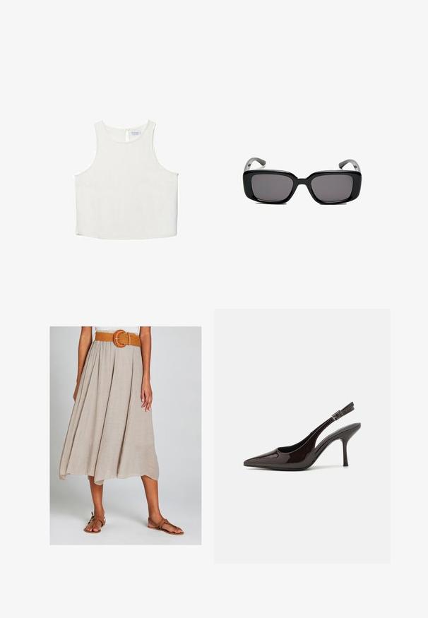 Valkoinen hihaton paita, jossa on pyöreä pääntie, hienovarainen tekstuuri, avaustakki ja suora helma.; Beige A-line midi hame, joka on valmistettu teksturoidusta kankaasta ja jossa on punottu oranssi vyö, jossa on pyöreä solki. Hame on yhdistetty ruskeisiin tasapohjaisiin sandaaleihin.; Korkokenkät tummanruskeasta kiiltävästä patenttinnahasta, teräväkärkiset, avoimet sivut ja säädettävä nilkkaremmi.; Mustat suorakulmaiset aurinkolasit tummilla linsseillä, sileä muovikehys ja kaarevat templet. Suunnittelu on jykevä ja minimalistinen.