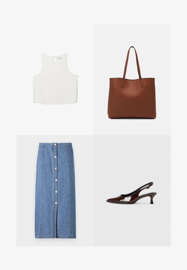 Biele bezrukávové tričko s okrúhlym výstrihom, ktoré má jemnú textúru, detail s kľúčovou dierkou na chrbte a rovný lem.; Džínová sukňa vo svetlomodrej farbe s rovnou siluetou. Má predné zapínanie na gombíky, vertikálne švy a nerovnomerný lem na spodnej strane.; Hnedá lakovaná slingback obuv s špicatou špičkou a mierne vysokým opätkom. Obsahuje pracku pre bezpečné upevnenie. Hladká textúra.; Hnedá kožená taška na rameno s hladkou textúrou, otvoreným vrchom a dvoma ramenými popruhmi. Má minimálne šitia a žiadne viditeľné kovania.