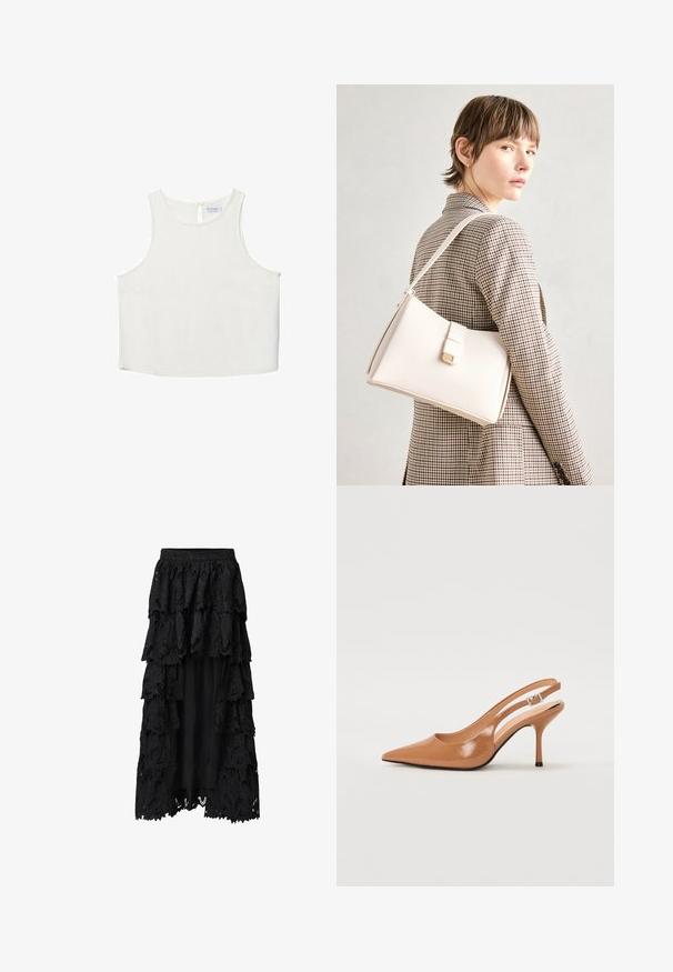 Bijela bezrukavna majica s okruglim izrezom, koja ima suptilnu teksturu, detalj u obliku ključa na leđima i ravni rub.; Crna suknja s naborima napravljena od čipke i tkanine, s višestrukim volanima, složenim cvjetnim uzorcima i podstavljenim unutarnjim slojem za pokrivanje.; Sandal s petom u obliku šiljastog prsta od glatkog, sjajnog smeškastog materijala. Ima zakrivljeni izrez i vitku štiklu. Detalj s srebrnom kopčom.; Bijela kožna torba s čvrstim dizajnom, s magnetskim kopčanjem i remenom za rame, prikazana na neutralnoj pozadini.