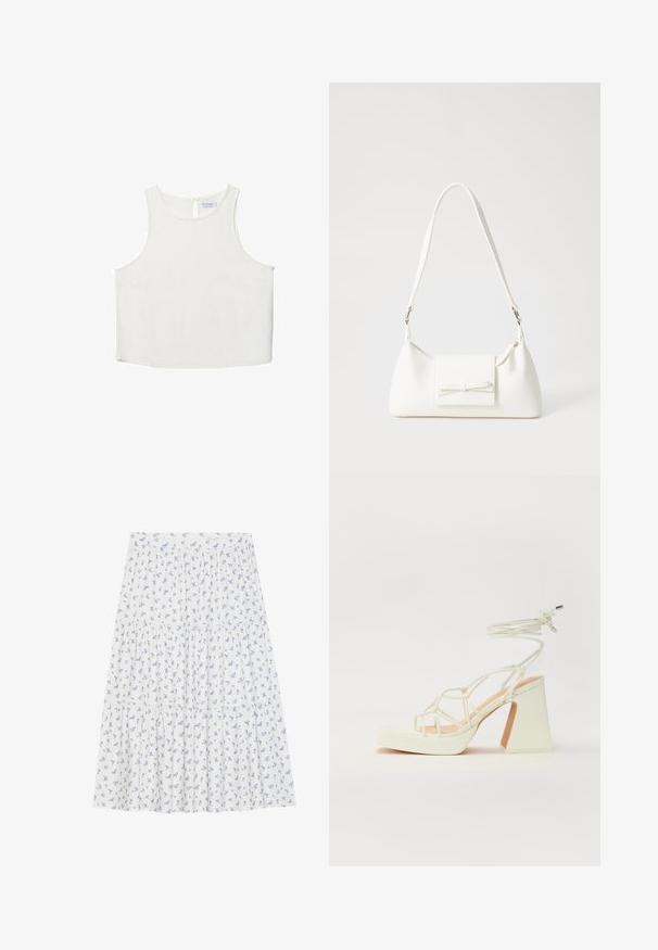 Top bianco senza maniche con scollo rotondo, caratterizzato da una sottile trama, dettaglio a rombo sul retro e orlo dritto.; Gonna floreale realizzata in tessuto leggero, con uno sfondo bianco decorato da piccoli fiori blu, design a strati e vita elastica.; Sandalo bianco con tacco alto, caratterizzato da un design a cinturini e un legaccio alla caviglia. Texture liscia con una piattaforma frontale per un'altezza aggiuntiva.; Borsa sintetica bianca a forma triangolare, con patta anteriore piatta e dettaglio a fiocco, tracolla regolabile, texture liscia e design minimalista.