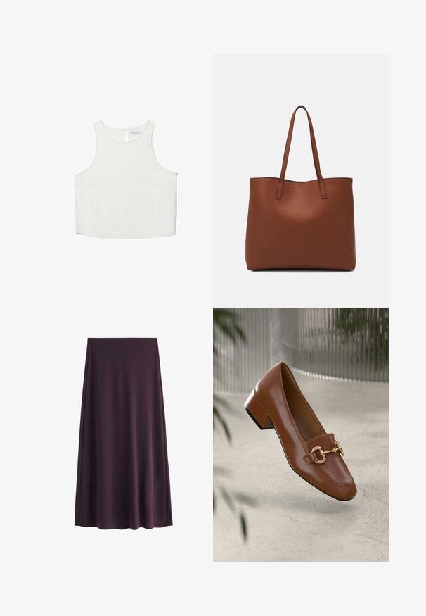 Vit ärmlös topp med rundad halsringning, featuring en subtil textur, detalj med nyckelhål i ryggen och rak nederkant.; Lila kjol i mjukt tyg med A-linjeformad silhuett och knälång fåll, utan synliga mönster eller knäppningar.; Brun lackläder loafer med fyrkantig tå, metallkedja som accent och låg blockklack; slät textur, minimalistisk design.; Brun läder tote-väska med en slät textur, öppen toppdesign och två axelremmar. Har minimal söm och ingen synlig metalldetalj.