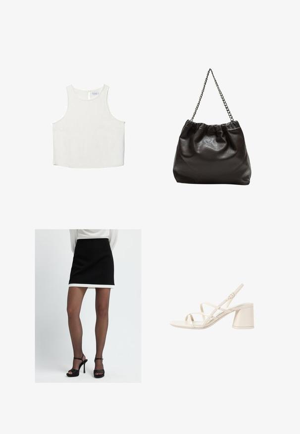 Hvid ærmeløs top med rund halsudskæring, der har en subtil tekstur, nøglehulsbagdetalje og lige kant.; Sort mini-nederdel med en hvid kant, lavet af glat stof. Parret med sorte platform sandaler, der viser et minimalistisk design.; Beige hælede sandaler med slanke, krydsende stropper, åben tå og en kvadratisk blokhæle. Glat lakeret finish, justerbar ankelrem.; Brun lædertaske med en rynket top og en kædestrop. Glat tekstur med en blank finish og subtile sømdetaljer på siderne.