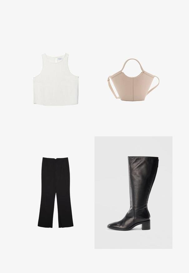Bela brezrokavna majica z okroglim dekoltejem, ki se ponaša z diskretno teksturo, detajlom ključavnice na hrbtu in ravnim robom.; Črne hlače ravnega kroja z naglavnimi žepi in stranskimi razporki na robu. Narejene iz mehke, gladke tkanine. Primerne za različne priložnosti.; Črne usnjene čizme do kolen s kvadratnim nosom, blokastim peto in elegantnim dizajnom. Gladka tekstura s stranskim zadrgo za enostavno obuvanje.; Bežna usnjena torbica edinstvene oblike, z dvema kratkima ročajema in dolgim nastavljivim trakom. Gladka tekstura z minimalno kovinsko opremo.