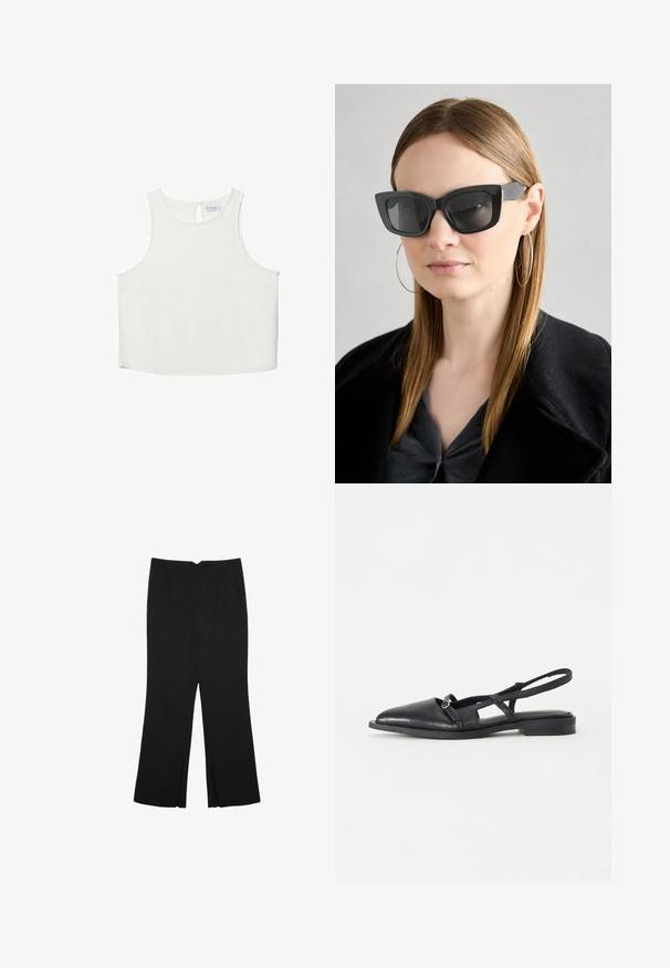 Bela brezrokavna majica z okroglim dekoltejem, ki se ponaša z diskretno teksturo, detajlom ključavnice na hrbtu in ravnim robom.; Črne hlače ravnega kroja z naglavnimi žepi in stranskimi razporki na robu. Narejene iz mehke, gladke tkanine. Primerne za različne priložnosti.; Črne usnjene ženske čevlje z odrezanim petnim delom, s koničastim nosom, nizko peto, dizajnom z izrezom in dekorativnim krožnim zaponko.; Črne mačje očala s temnimi lečami, debelimi okvirji in subtilnimi detajli. Oblečena z črnim plaščem in sivim zgornjim delom, z dolgimi ravnimi lasmi.; Črna semiš torbica z gladko teksturo, strukturirano obliko in kontrastnim šivanjem. Ima dolge naramnice za nošenje na rami.