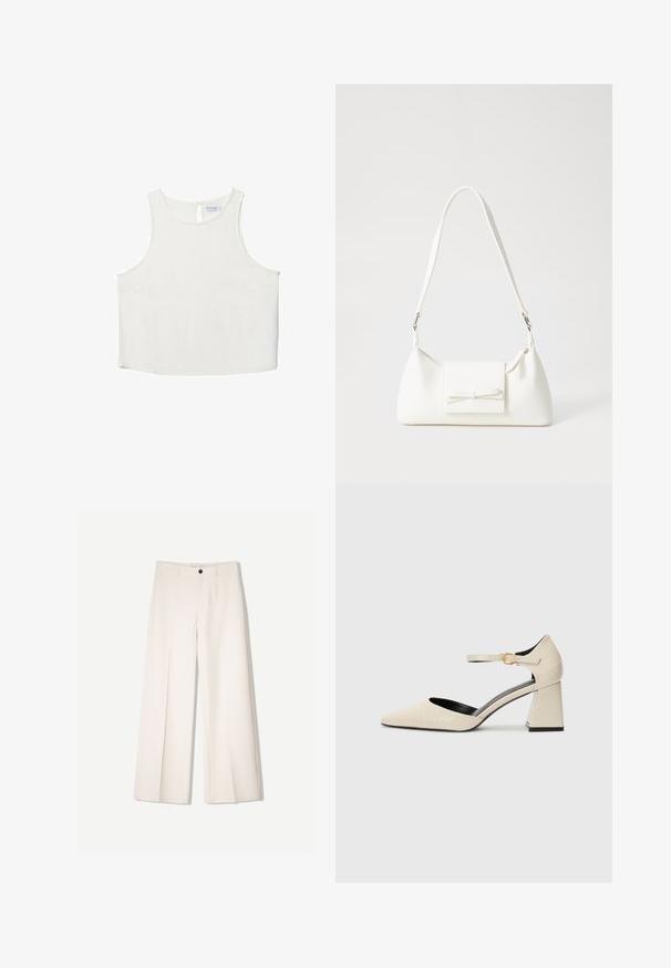 Bijela bezrukavna majica s okruglim izrezom, koja ima suptilnu teksturu, detalj u obliku ključa na leđima i ravni rub.; Kreme hlače širokih nogavica s krojem koji je prilagođen, s dva prednja džepa i jednim prednjim zatvaranjem na gumb, izrađene od glatkog materijala.; Bež cipele od umjetne kože s blok petom, špicastim vrhom, kaišom oko gležnja i suptilnim detaljima u teksturi krokodila. Crna unutrašnjost.; Bijela sintetička torbica s trokutastim oblikom, ravnim prednjim poklopcem i detaljem u obliku mašne, podesivom remenom, glatkom teksturom i minimalističkim dizajnom.