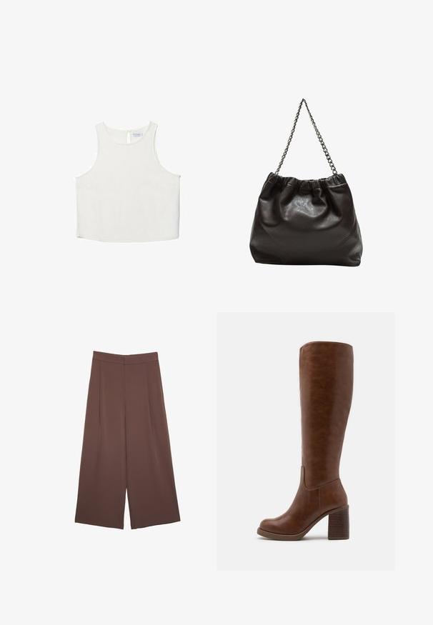 Bijela bezrukavna majica s okruglim izrezom, koja ima suptilnu teksturu, detalj u obliku ključa na leđima i ravni rub.; Smeđe hlače širokog kroja s glatkom teksturom, koje imaju visok struk i nabore sprijeda. Tkanina je lagana i slobodno se kreće.; Smeđe čizme do koljena od glatke umjetne kože, s okruglim vrhom, blok petom s vertikalnim žljebovima i minimalističkim dizajnom.; Smeđa kožna torba s naboranim vrhom i lančićem za nošenje. Glatka tekstura s sjajnim završetkom i suptilnim šavnim detaljima sa strane.