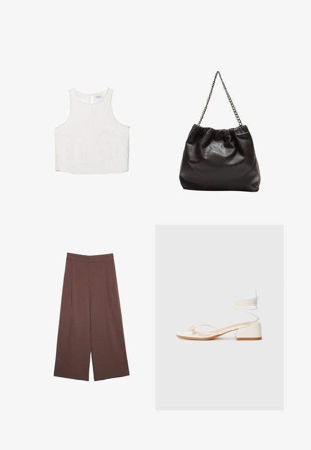 Haut sans manches blanc avec un col rond, présentant une texture subtile, un détail en forme de trou de serrure au dos et un ourlet droit.; Pantalons larges marron avec une texture lisse, dotés d'une taille haute et de plis à l'avant. Le tissu est léger et tombe de manière fluide.; Sandales à talons blancs avec un talon carré, des fines lanières et un accent rond. Dotées d'une semelle texturée et d'un détail de lacet enroulé à la cheville.; Sac en cuir marron avec un haut froncé et une bandoulière en chaîne. Texture lisse avec une finition brillante et des coutures subtiles sur les côtés.