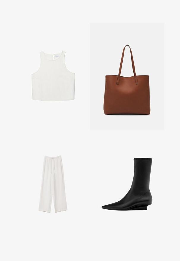 Biała bezrękawnik z okrągłym dekoltem, z delikatną teksturą, z tylnym wycięciem w kształcie klucza oraz prostym wykończeniem dołu.; Białe spodnie o szerokich nogawkach wykonane z lekkiego materiału. Posiadają elastyczny pas z sznurkiem i boczne kieszenie. Gładka tekstura.; Czarny botek za kostkę o smukłej, dopasowanej sylwetce. Wykonany z gładkiego materiału, z wydłużonym noskiem i niskim klinowym obcasem.; Brązowa skórzana torba tote o gładkiej fakturze, z otwartym wierzchem i dwoma ramiączkami. Charakteryzuje się minimalnym przeszyciem i brakiem widocznych elementów metalowych.