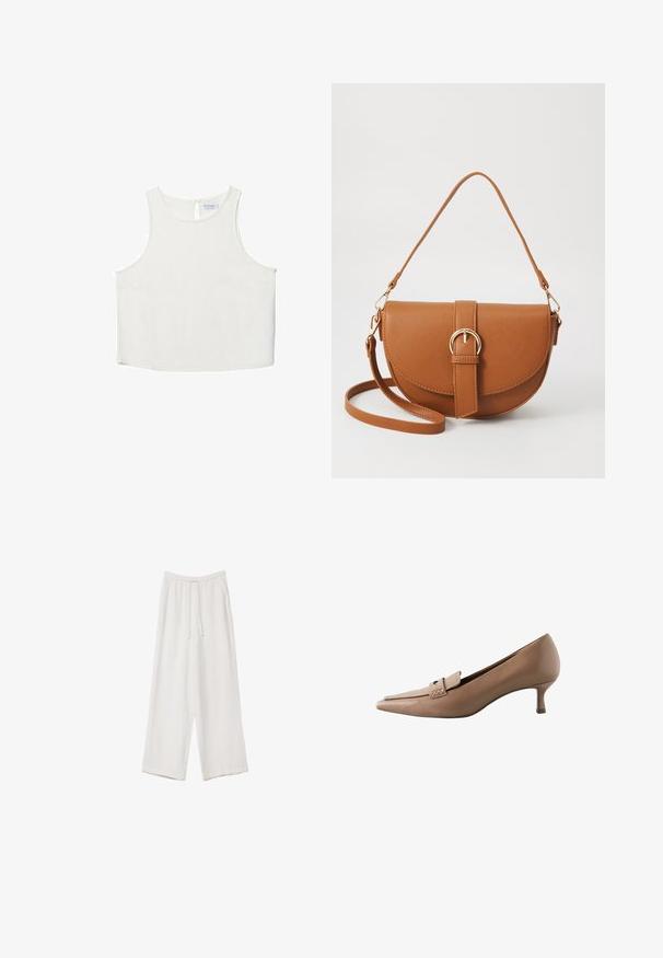 Haut sans manches blanc avec un col rond, présentant une texture subtile, un détail en forme de trou de serrure au dos et un ourlet droit.; Pantalons larges blancs en tissu léger. Dotés d'une taille élastique avec cordon de serrage et de poches latérales. Texture lisse.; Escarpins en cuir beige à bout pointu avec un petit talon, dotés d'une sangle décorative et d'une boucle sur le cou-de-pied. Texture lisse, design épuré.; Sac bandoulière en cuir marron avec une forme incurvée, quincaillerie dorée et un accent en boucle. Comprend une bandoulière détachable.
