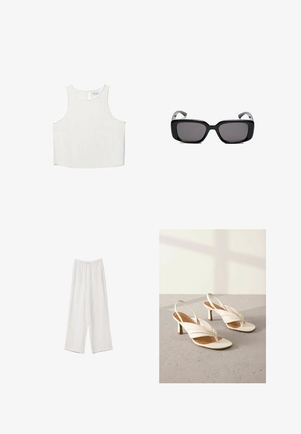 Weißes ärmelloses Oberteil mit rundem Halsausschnitt, das über eine subtile Textur, ein Schlüsselaugen-Rückendetail und einen geraden Saum verfügt.; Weiße weit geschnittene Hose aus leichtem Stoff. Mit einem elastischen Bund und Kordelzug sowie Seitentaschen. Glatte Textur.; Weiße Leder Slingback-Absätze mit gedrehtem Vorderdesign, offener Zehenpartie und einem Blockabsatz in mittlerer Höhe. Glatte Oberfläche und minimalistische Akzente.; Schwarze rechteckige Sonnenbrille mit dunklen Gläsern, glattem Kunststoffrahmen und gebogenen Bügeln. Das Design ist klobig mit einer minimalistischen Ästhetik.