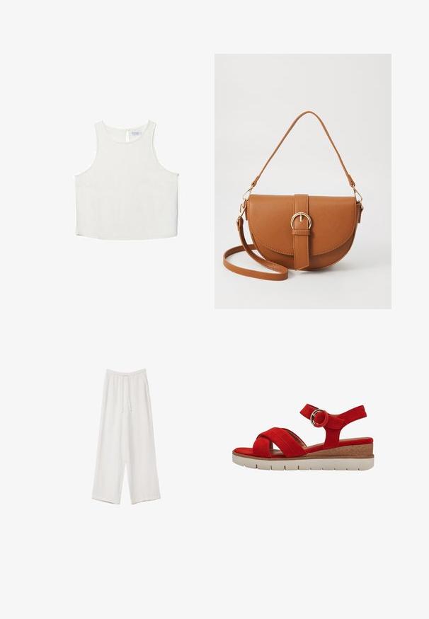 Bílý bezrukávový top s kulatým výstřihem, který má jemnou texturu, detaily v oblasti zad ve tvaru klíčové dírky a rovný lem.; Bílé široké kalhoty vyrobené z lehké tkaniny. Mají elastický pas se šňůrkou a boční kapsy. Hladká textura.; Tamaris Sandály na platformě - red; Hnědá kožená křížová taška s zakřiveným tvarem, zlatými detaily a akcentem s přezkou. Obsahuje odnímatelný popruh na rameno.