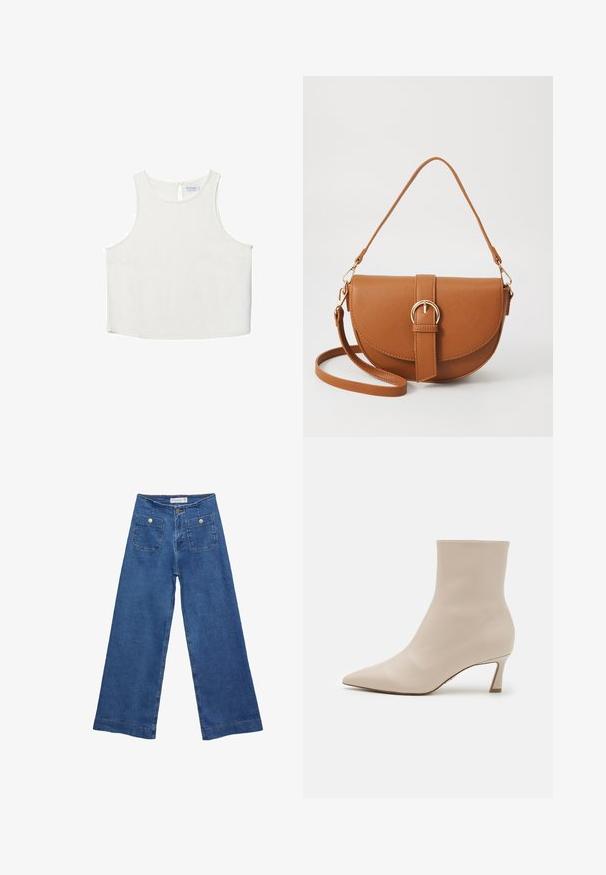 Hvid ærmeløs top med rund halsudskæring, der har en subtil tekstur, nøglehulsbagdetalje og lige kant.; Denim brede ben jeans med en mellemblå vask, to forlommer med knaplukninger og syet detaljering langs sømmene.; Steve Madden LULAH - Ankelstøvler - bone; Brun læder crossbody taske med en buet form, guldfarvet hardware og en spændeaccent. Har en aftagelig skulderrem.