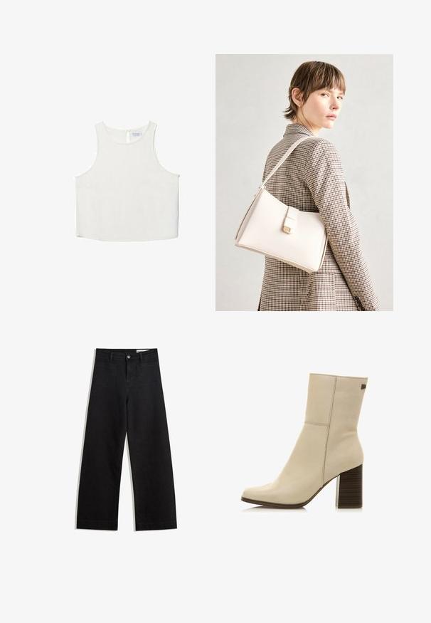Weißes ärmelloses Oberteil mit rundem Halsausschnitt, das über eine subtile Textur, ein Schlüsselaugen-Rückendetail und einen geraden Saum verfügt.; Schwarze weit geschnittene Jeans mit hoher Taille, ausgestattet mit Vorder- und Hintertaschen, gesteppten Nähten und einem Knopfverschluss. Glatte Textur.; Beige Knöchelstiefel aus glattem Leder, mit quadrater Zehenform, Blockabsatz und einem subtilen Logoakzent an der Seite.; Weiße Lederhandtasche mit strukturiertem Design, ausgestattet mit einem Magnetverschluss und einem Schulterriemen, präsentiert vor einem neutralen Hintergrund.