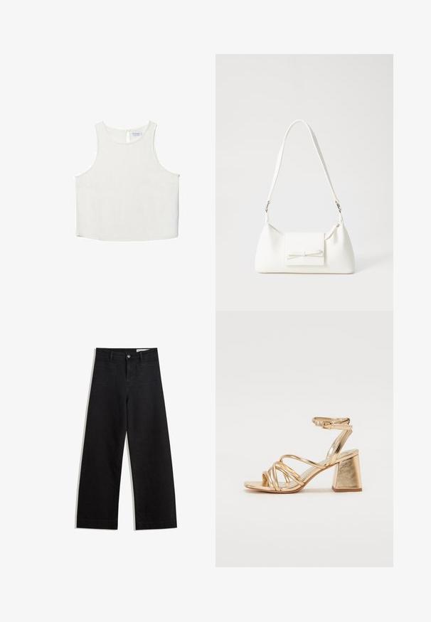 Bijela bezrukavna majica s okruglim izrezom, koja ima suptilnu teksturu, detalj u obliku ključa na leđima i ravni rub.; Crne široke traperice s visokim strukom, s prednjim i stražnjim džepovima, šivenim šavovima i kopčanjem na gumb. Glatka tekstura.; Zlatne metalik sandale s potpeticom koje imaju dizajn s trakama, kvadratnu blok potpeticu i podesivu naramenicu s kopčom. Glatka tekstura.; Bijela sintetička torbica s trokutastim oblikom, ravnim prednjim poklopcem i detaljem u obliku mašne, podesivom remenom, glatkom teksturom i minimalističkim dizajnom.