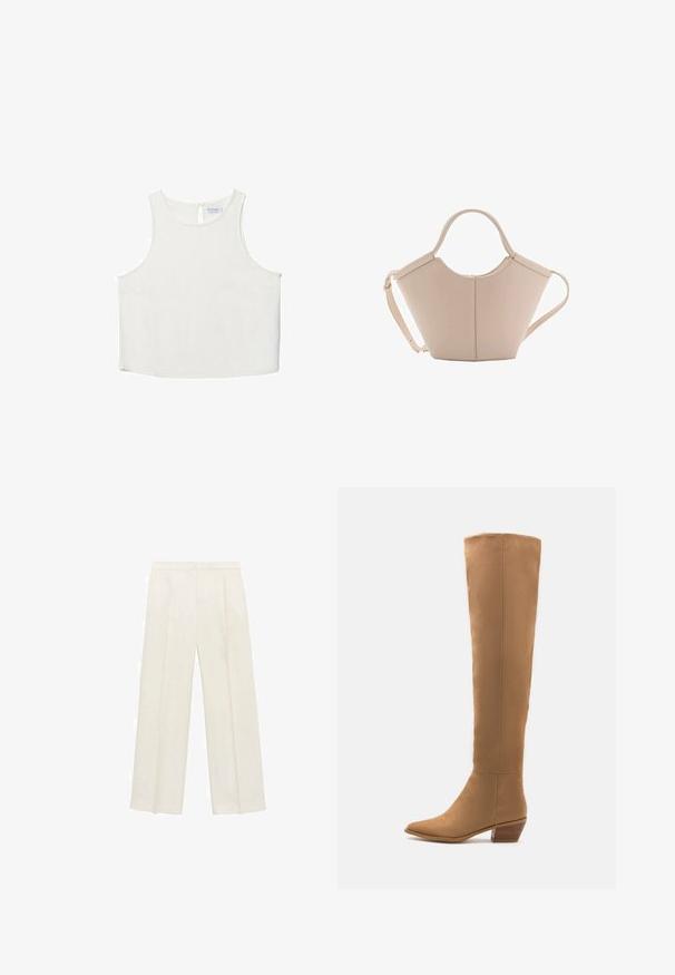 Biele bezrukávové tričko s okrúhlym výstrihom, ktoré má jemnú textúru, detail s kľúčovou dierkou na chrbte a rovný lem.; Široké nohavice vo svetlej krémovej farbe. Vyrobené z hladkej látky s skladmi vpredu a bočnými vreckami.; Tyrkysové kožené čižmy po kolená z hladkého materiálu s špicatou špičkou a nízkym plochým podpätkom. Jednoduchý dizajn, žiadne viditeľné vzory alebo akcenty.; Béžová kožená kabelka s unikátnym tvarom, vybavená dvoma krátkymi uchami a jedným dlhým nastaviteľným popruhom. Hladký povrch s minimálnym kovovým príslušenstvom.