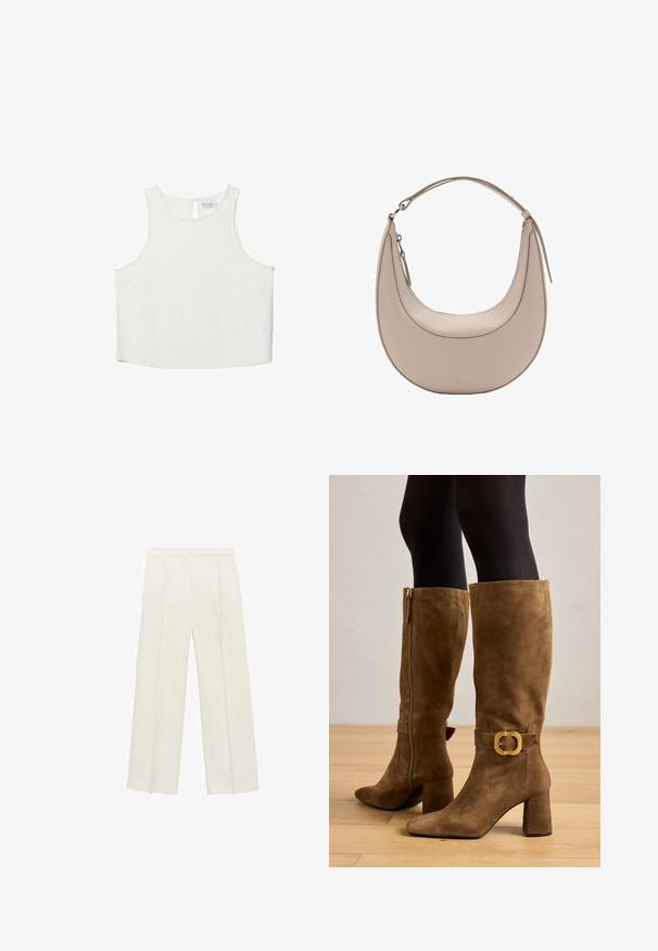 Bílý bezrukávový top s kulatým výstřihem, který má jemnou texturu, detaily v oblasti zad ve tvaru klíčové dírky a rovný lem.; Kalhoty s širokými nohavicemi v světle krémové barvě. Vyrobené z hladké tkaniny s záhyby vpředu a bočními kapsami.; Hnědé semišové boty až po kolena se čtvercovou zlatou sponou, masivním podpatkem a zúženou špičkou, se zipem na boku pro snadné obouvání.; Světle béžová kožená kabelka přes rameno s půlměsíčovým tvarem, hladkým povrchem a jedním zakřiveným uchopem. Obsahuje zipový uzávěr a upravené švy.